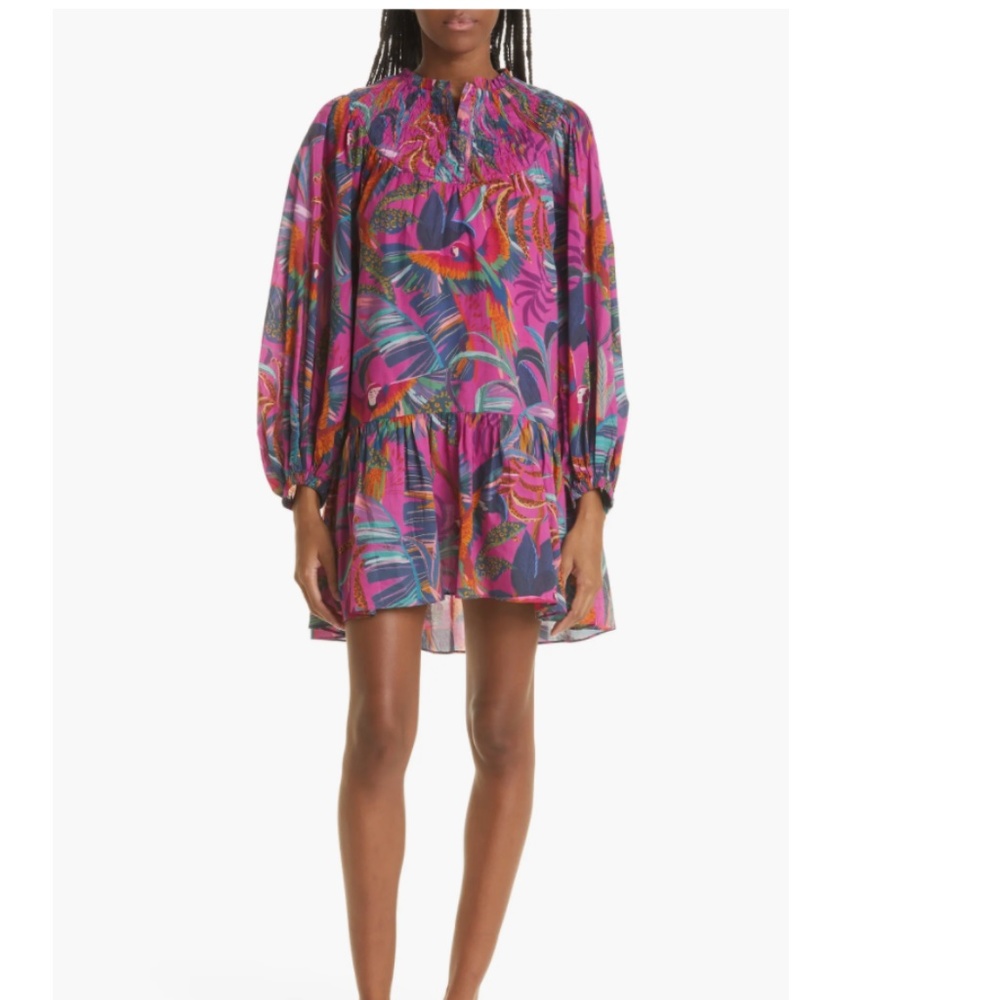 NWT $195 FARM Rio Rainbow Macaws Long Sleeve Minidress, RAINBOW MACAWS, Small!